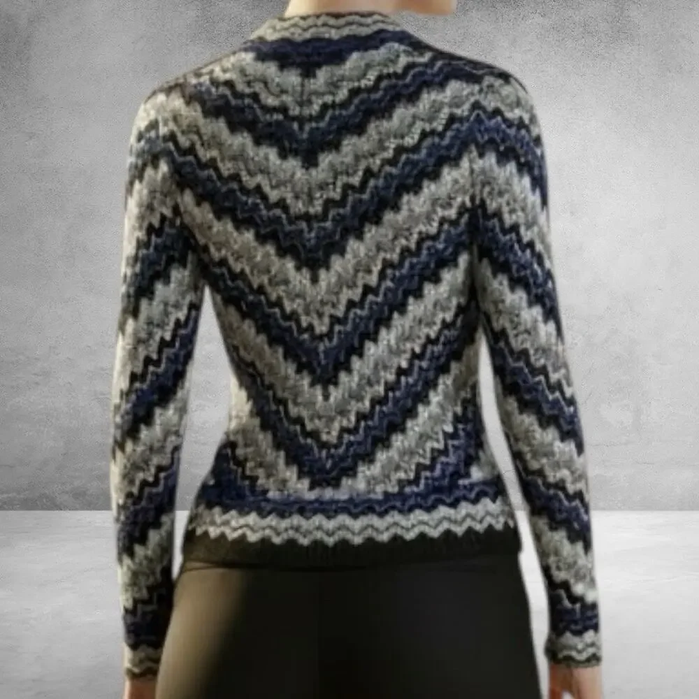 Chico's‎ Sz 0 (4) Zig Zag Cardigan Jacket Blue Gray Black Mohair Wool Open Cozy